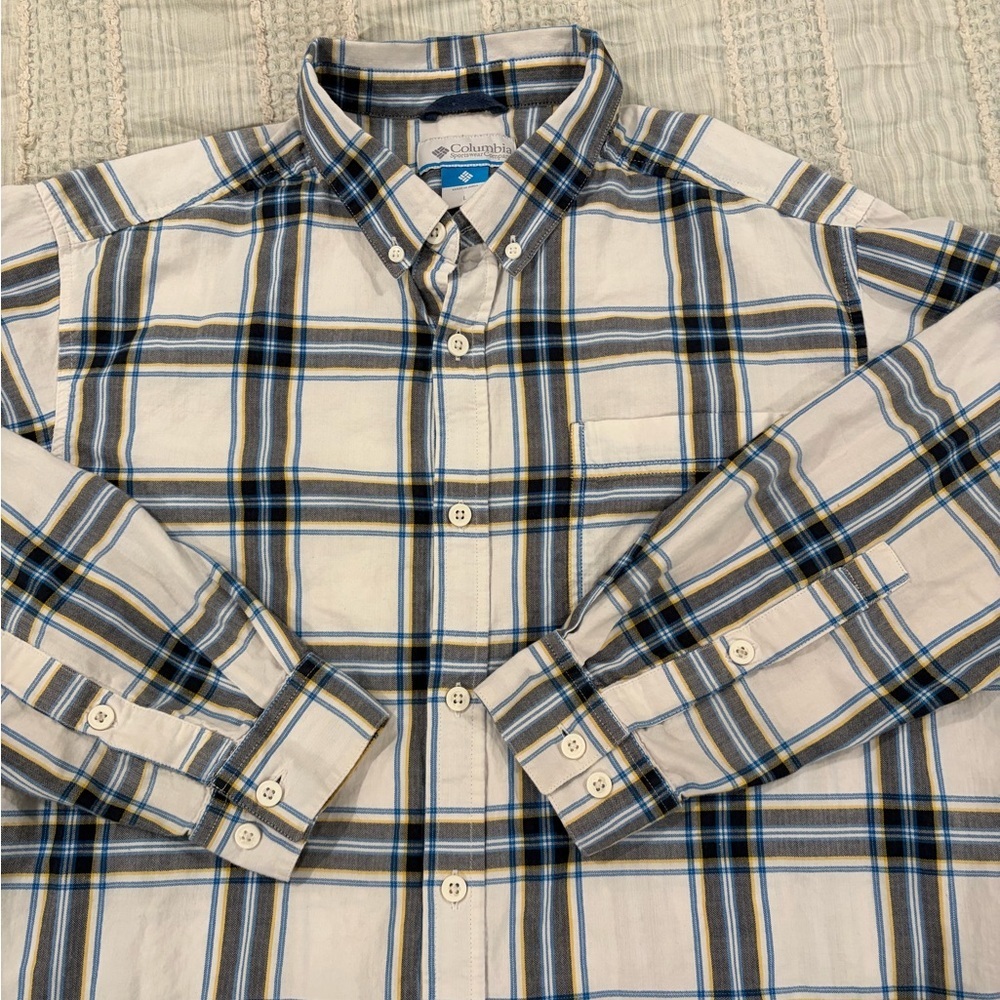Columbia Men’s Plaid Button-Down Shirt White Yellow‎ Blue Size Large Cotton